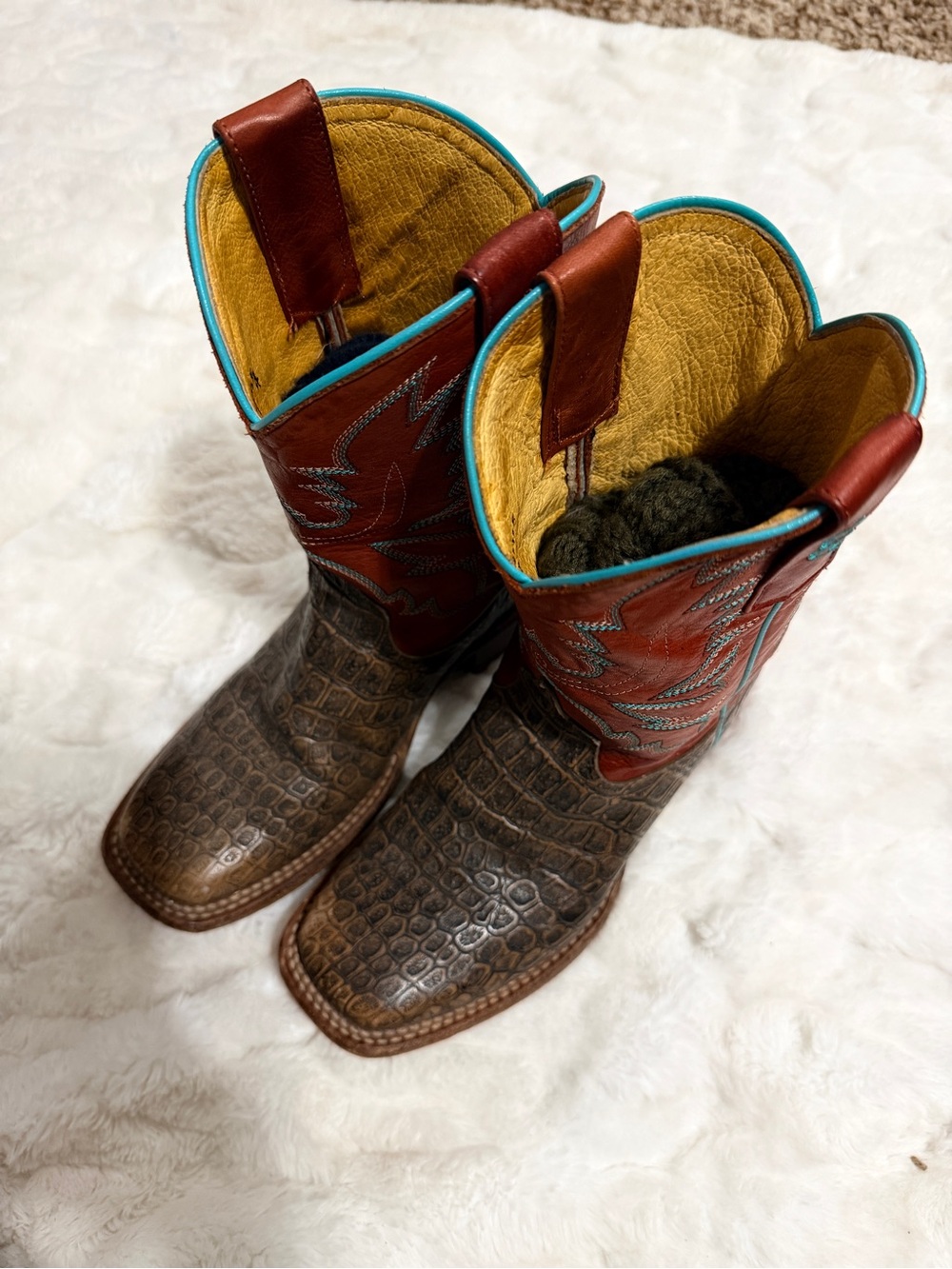 Brown Croc-Texture Western Boots with Red Shaft and Turquoise Trim